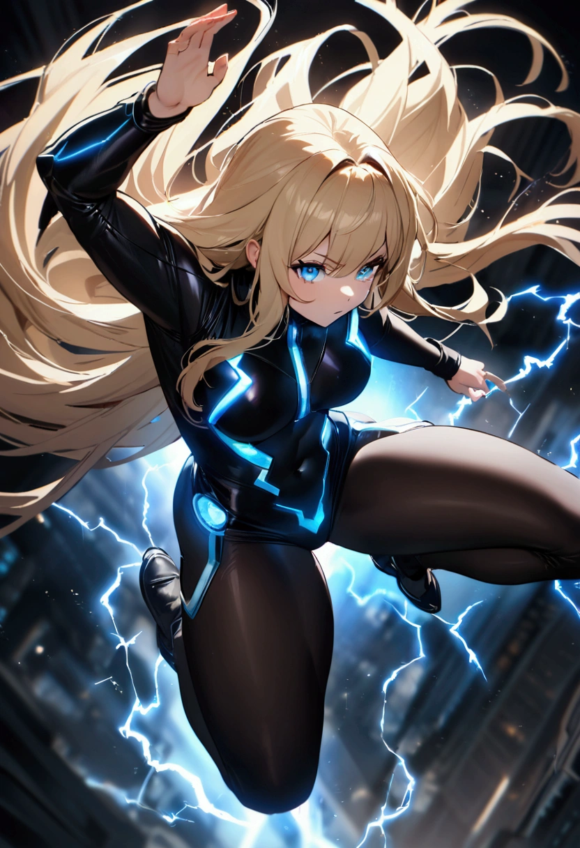 blonde, long flowing hair, cinematic, light blue eyes, glowing effect, electricity, 1 girl, beautiful girl, long tight dark black leggings, small open black jacket, jumping in air, epic, masterpiece, futuristic, flowing lightning energy around body, Lightning Glow effect, very detailed, action pose, from above view depth of field, muscle definition, normal sized legs.