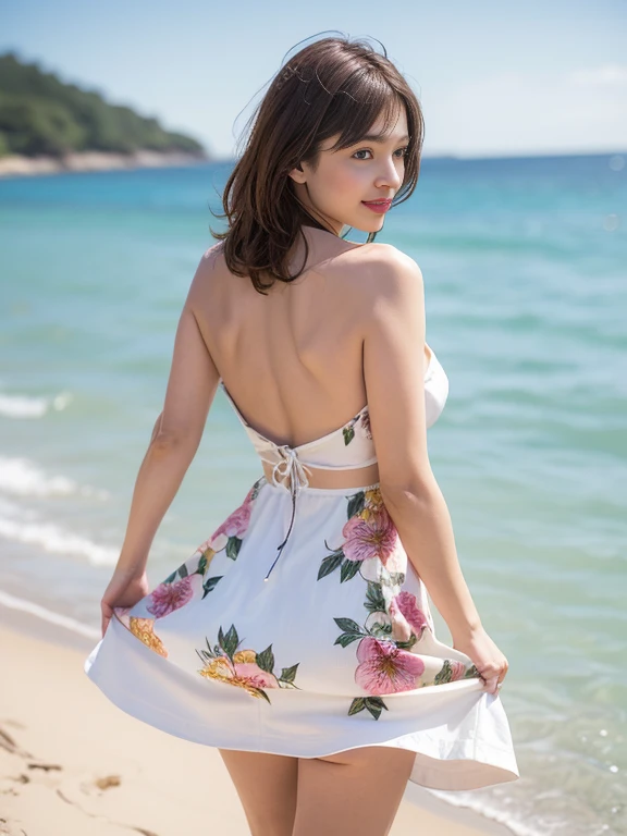 ((Exposing shoulders)), ((Ample breasts)), ((The skirt is short)), ((Sexy Legs)), ((whole body)),practical, Stylish girl,1girl,sexy pose,best quality,masterpiece,illustration,an extremely delicate and beautiful,CG,unity,8k wallpaper,Amazing,finely detail,masterpiece,official art,extremely detailed CG unity 8k wallpaper,incredibly absurdres,huge filesize,ultra-detailed,highres,extremely detailed,beautiful detailed girl,realistic,outdoors,light contrast,(florals_buzzer_dress:1.5),、Red lipstick、big breasts、White panties are visible from the skirt、Looking from below、smile、Watching from behind、(Sea、walking on the beach)、
