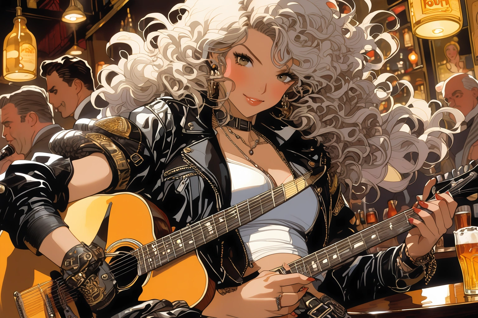 Dutch Angle. Closeup Photo of a caucasian woman with curly hair, leather jacket and mini skirt playing guitar in a bar. Background is a fat man drinking beer. Style by J.C. Leyendecker. Style by Masamune Shirow