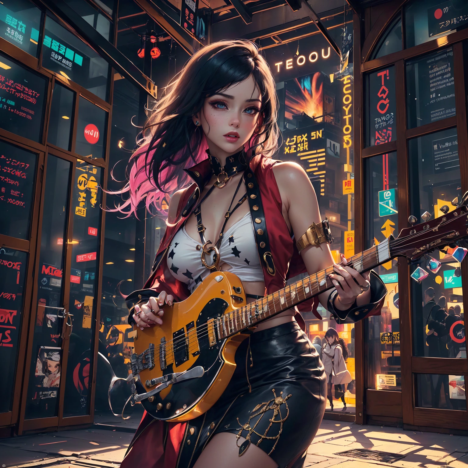 There's a woman with a guitar on the street, Cyberpunk art style, Ross Tran style, Cyberpunk atmosphere, digital Cyberpunk anime art, Lostrun 8k, Digital Cyberpunk - Anime Art, Cyberpunk themed art, Cyberpunk Style, Stylized urban fantasy art, In Cyberpunk City, Cyberpunk anime art, anime cyberpunk art