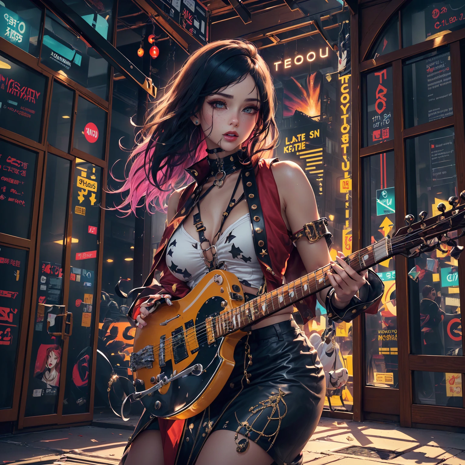 There&#39;s a woman with a guitar on the street, Cyberpunk art style, Ross Tran style, Cyberpunk atmosphere, digital Cyberpunk anime art, Lostrun 8k, Digital Cyberpunk - Anime Art, Cyberpunk themed art, Cyberpunk Style, Stylized urban fantasy art, In Cyberpunk City, Cyberpunk anime art, anime cyberpunk art