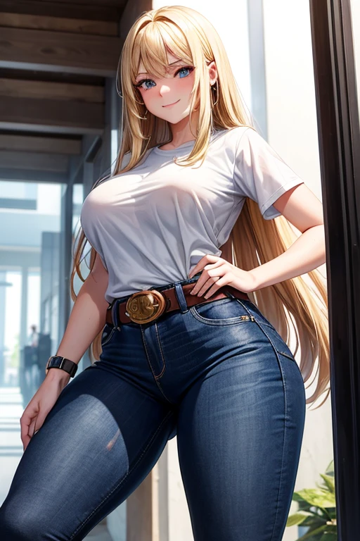 Draw Samantha, a blonde female character with long hair down to her waist. blue colored eyes, breasts small, Waist slender, big-ass. Wearing jeans with a brown belt, black sneakers, watch on arm, white blouse. He is walking in the college corridors in a sensual way, she's very beautiful. Front position with bottom-up view. smirk on face. tight pants. She is a very hot girl. Just one character in the image. Focus from the thighs up. Thick thighs and voluminous pussy. low-waisted jeans.