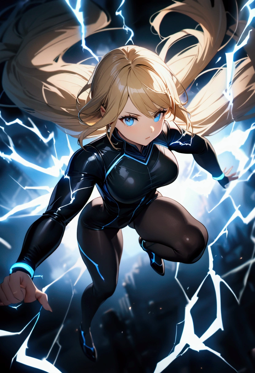 blonde, long flowing hair, cinematic, light blue eyes, glowing effect, electricity, 1 girl, beautiful girl, long tight dark black leggings, small open black jacket, jumping in air, epic, masterpiece, futuristic, flowing lightning energy around body, Lightning Glow effect, very detailed, action pose, from above view depth of field, muscle definition, normal sized legs.
