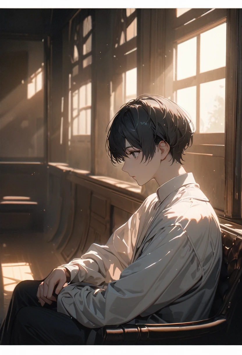 high resolution, masterpiece, short hair, black hair, (solo), 1guy, interior, detailed eyes, (black eyes), 8k, hyper detailed, sharp focus, studio lighting, cinematic lighting, dramatic lighting, elegant, beautiful, graceful, serene, thoughtful expression, sitting, hands on lap, window light, sunlight, soft colors, warm tones