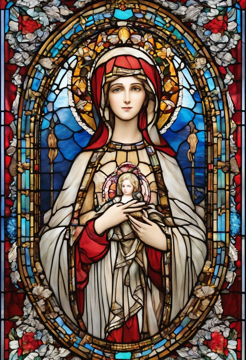 The saint mother Mary in beautiful garment with white blue and Ruby colors