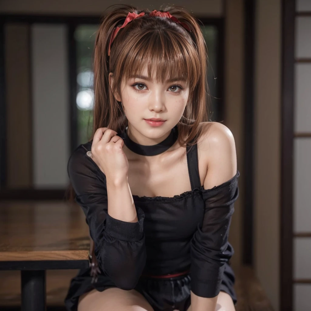 kasumi, eyes browns, (best qualityer, ultra detali), (realisitic:1.37), beautiful and detailed face, ultra-realisitic texture, 精致的面容, Delicate body, red lipgloss stick, shiny colors. High definition, 8k, expression with a slight cute smile