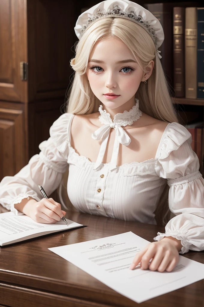 White doll signing a document