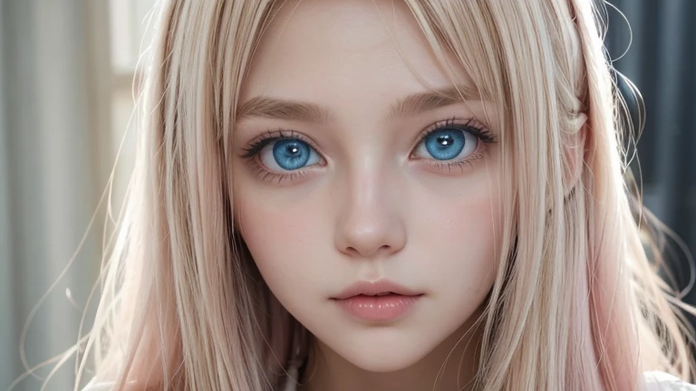 pretty girl with light pink and blonde hair, medium length hair, bright blue eyes,