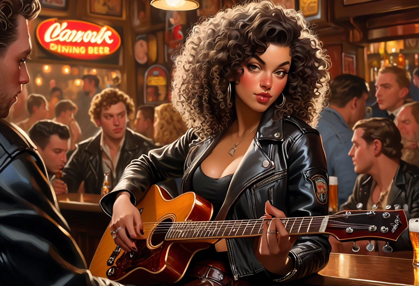 Dutch Angle. Closeup Photo of a  woman with curly hair, leather jacket and mini skirt playing guitar in a bar. Background is a fat man drinking beer. Style by J.C. Leyendecker. Canon 5d Mark 4, Kodak Ektar, 35mm 