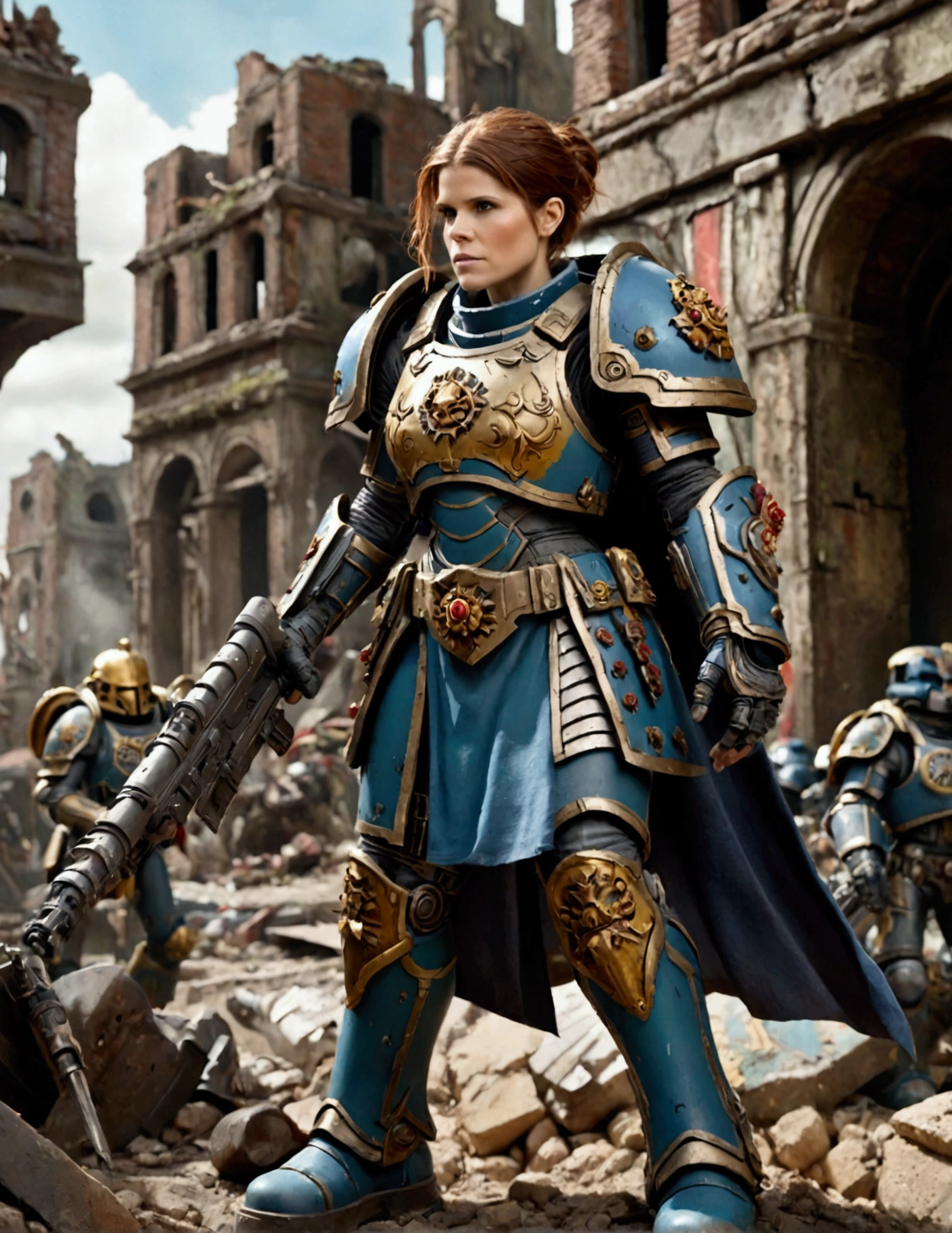 Kate Mara in powered battle armor, painted and decorated as if a painted happy family scenes on it, warhammer 40k city ruins