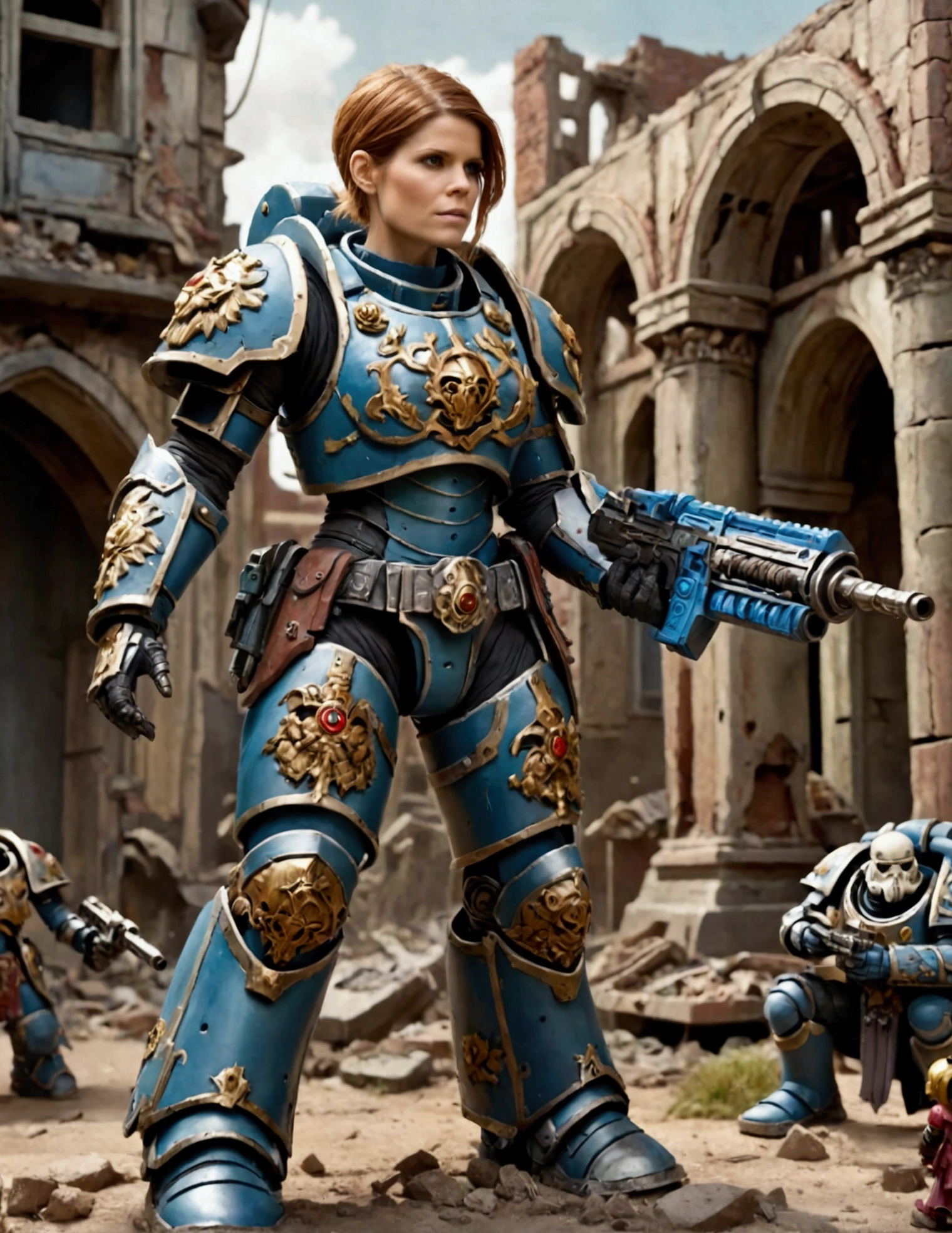 Kate Mara in powered battle armor, painted and decorated as if a painted happy family scenes on it, warhammer 40k city ruins