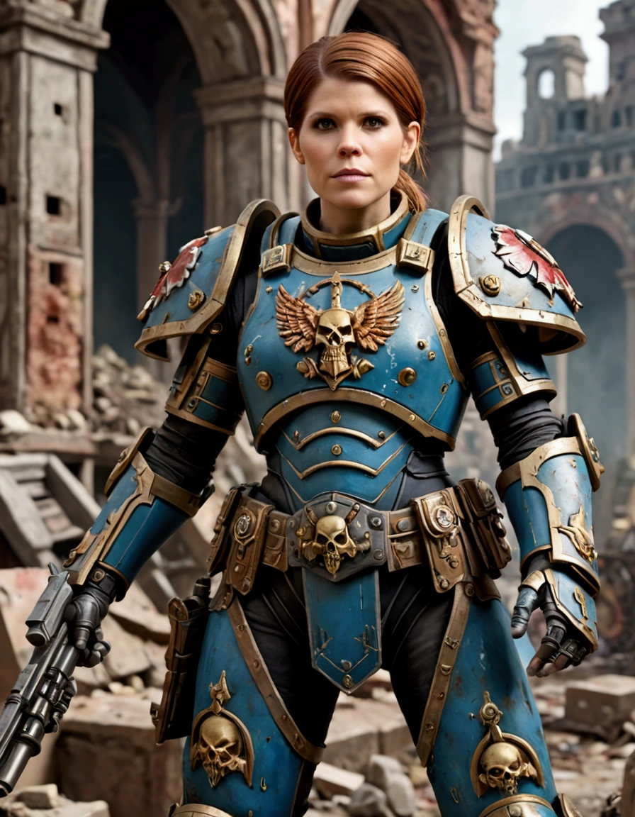 Kate Mara in powered battle armor, painted and decorated as if a  painted happy family scenes on it, warhammer 40k city ruins