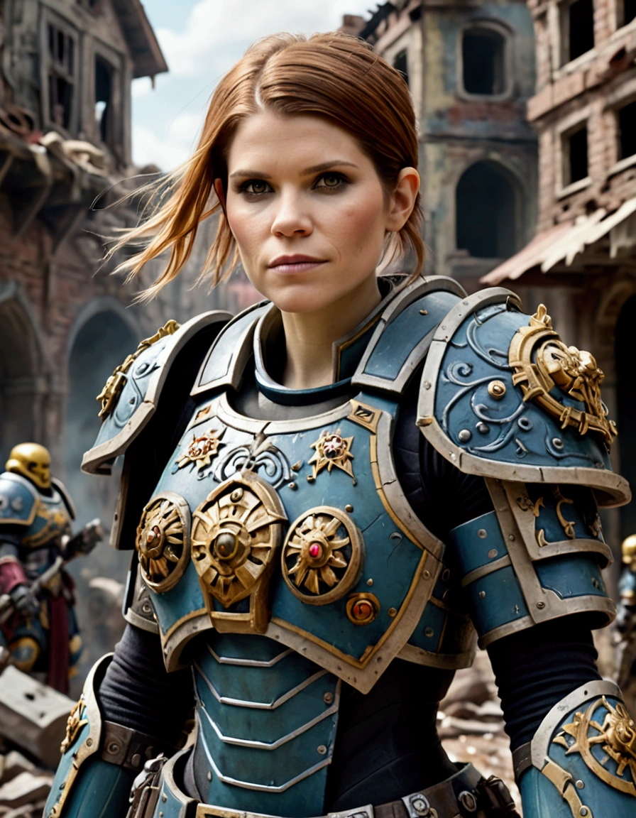 Kate Mara in powered battle armor, painted and decorated as if a painted happy family scenes on it, warhammer 40k city ruins