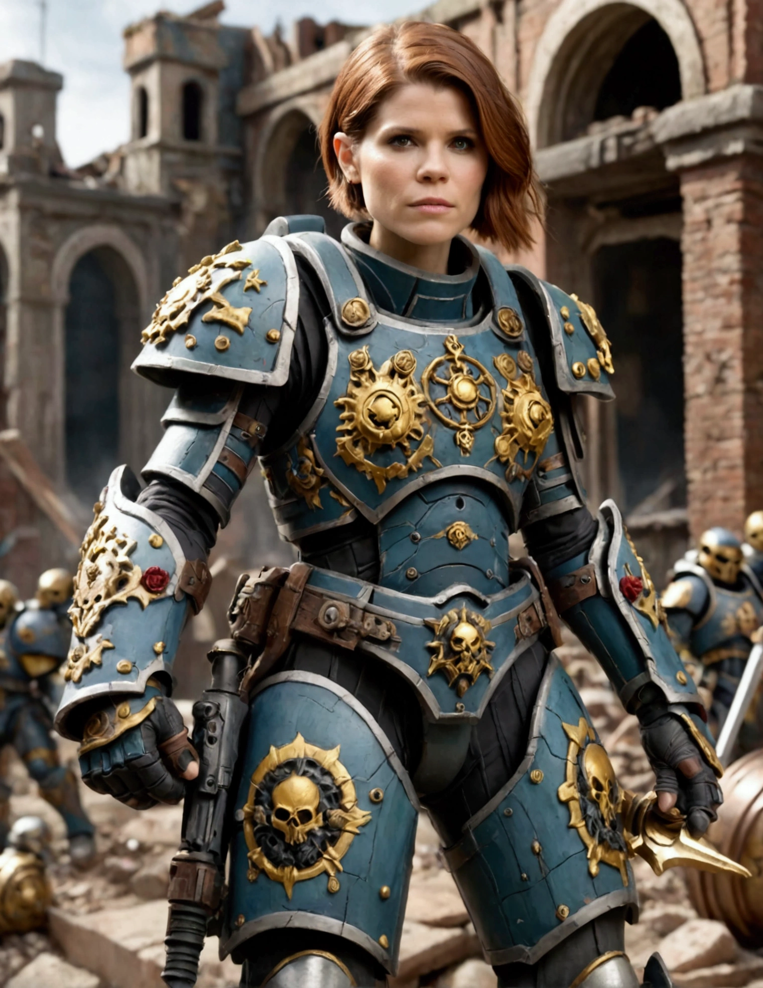 Kate Mara in powered battle armor, painted and decorated as if a painted happy family scenes on it, warhammer 40k city ruins