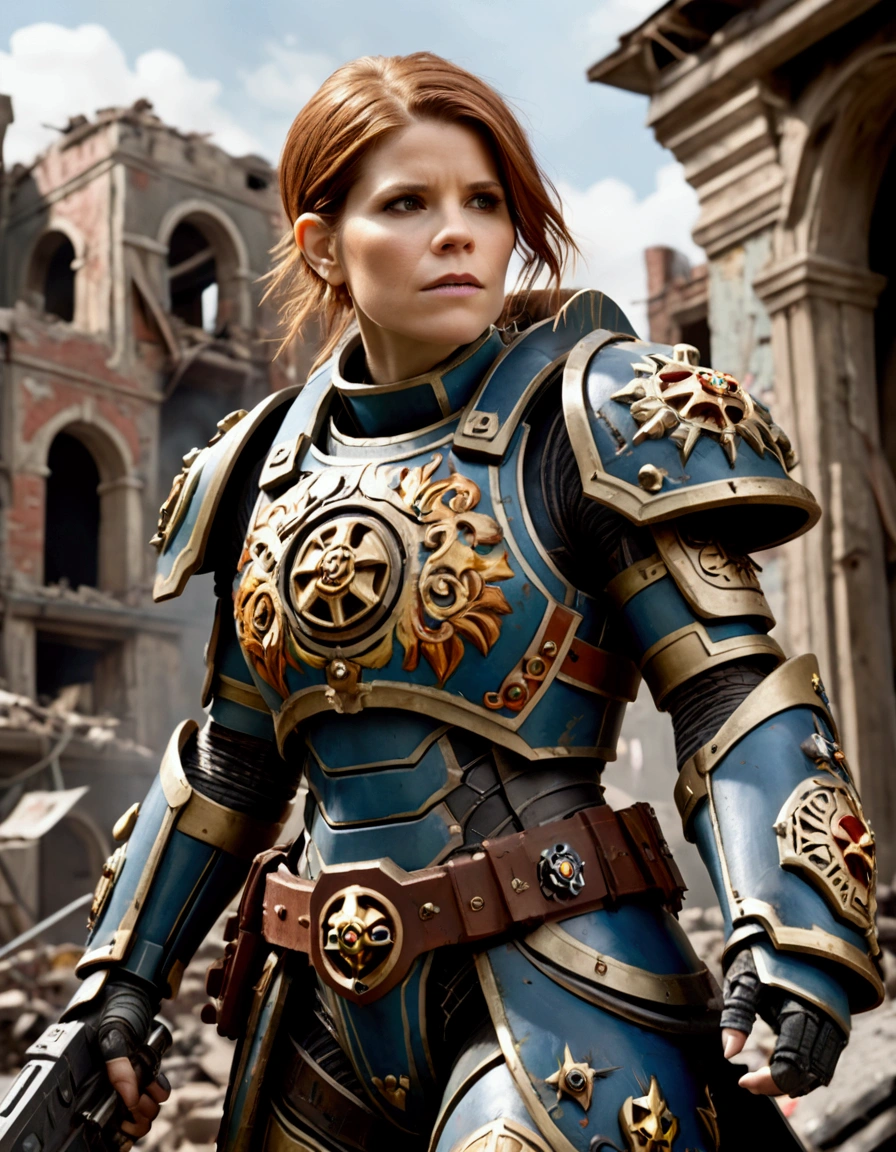 Kate Mara in powered battle armor, painted and decorated as if a painted happy family scenes on it, warhammer 40k city ruins
