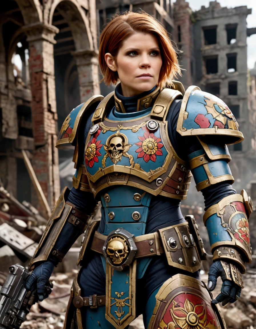 Kate Mara in powered battle armor, painted and decorated as if a painted happy family scenes on it, warhammer 40k city ruins