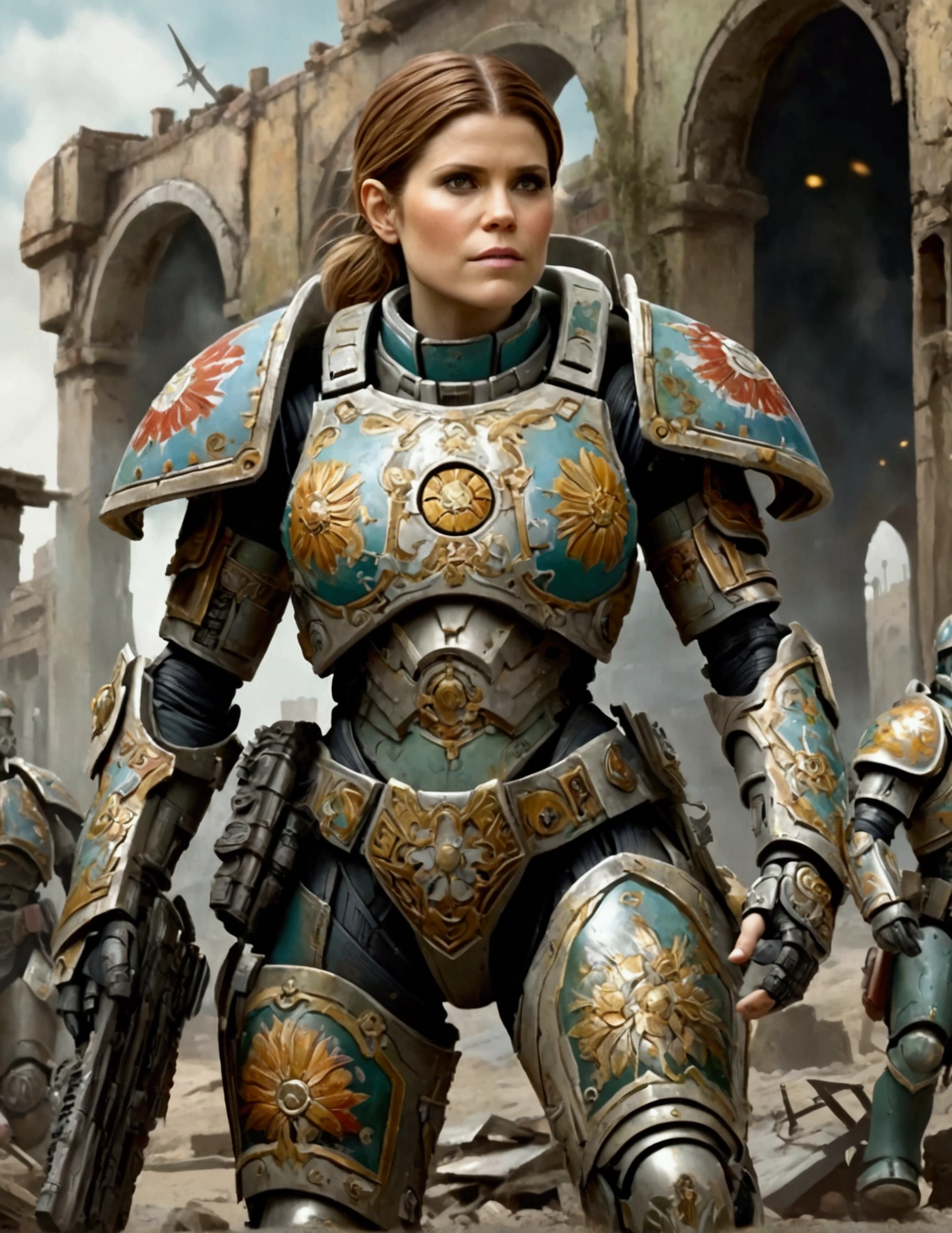Kate Mara in powered battle armor, painted and decorated as if a painted happy family scenes on it, warhammer 40k city ruins