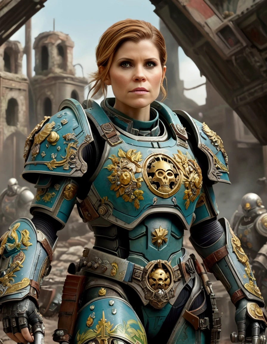 Kate Mara in powered battle armor, painted and decorated as if a painted happy family scenes on it, warhammer 40k city ruins
