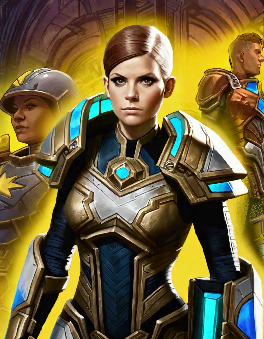Kate Mara in powered battle armor, painted and decorated as if a painted happy family scenes on it, warhammer 40k city ruins