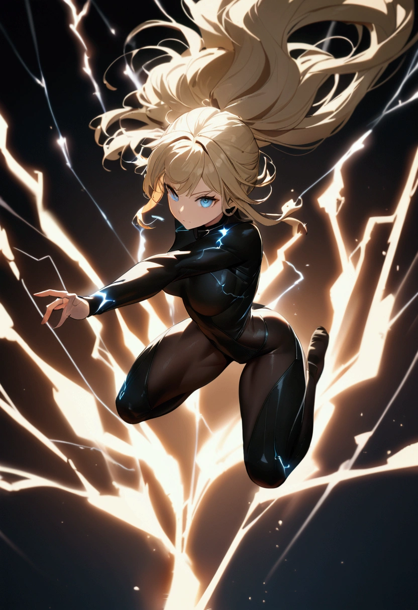 blonde, long flowing hair, cinematic, light blue eyes, glowing effect, electricity, 1 girl, beautiful girl, long tight dark black leggings, small open black jacket, jumping in air, epic, masterpiece, futuristic, flowing lightning energy around body, Lightning Glow effect, very detailed, action pose, from above view depth of field, muscle definition, normal sized legs.
