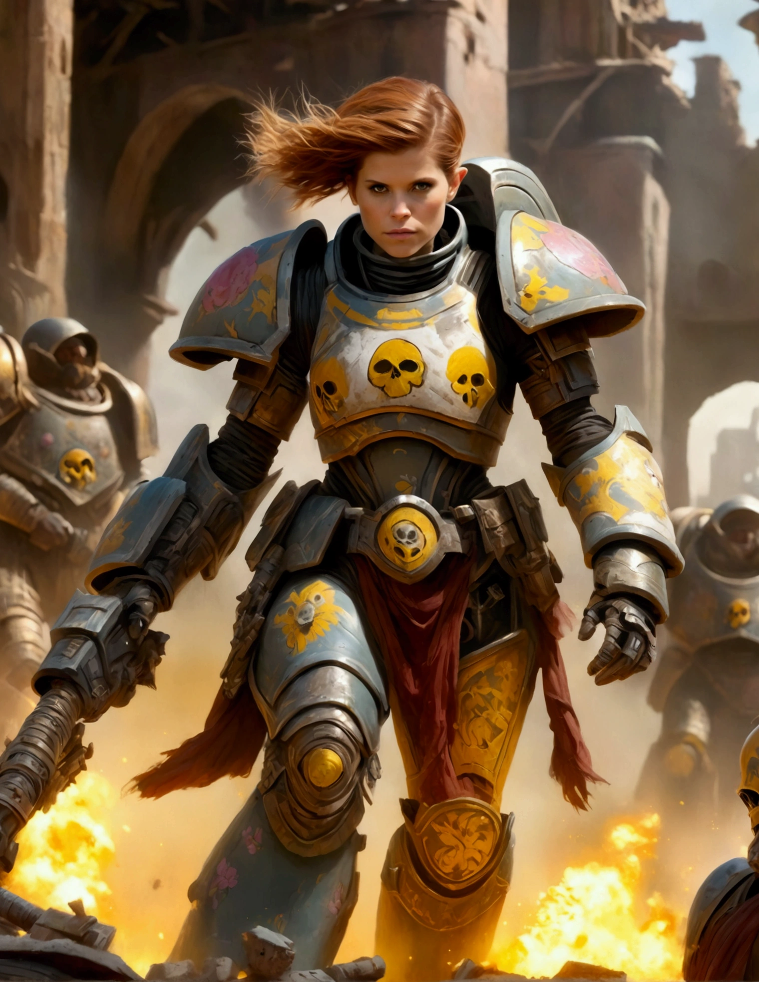 Kate Mara in powered battle armor, painted and decorated as if a painted happy family scenes on it, warhammer 40k city ruins