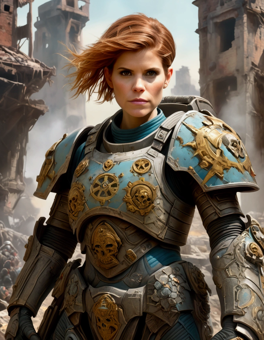 Kate Mara in powered battle armor, painted and decorated as if a painted happy family scenes on it, warhammer 40k city ruins
