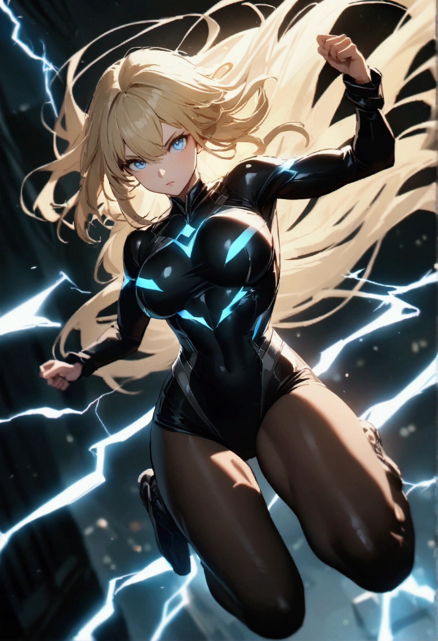 blonde, long flowing hair, cinematic, light blue eyes, glowing effect, electricity, 1 girl, beautiful girl, long tight dark black leggings, small open black jacket, jumping in air, epic, masterpiece, futuristic, flowing lightning energy around body, Lightning Glow effect, very detailed, action pose, from above view depth of field, muscle definition, normal sized legs.
