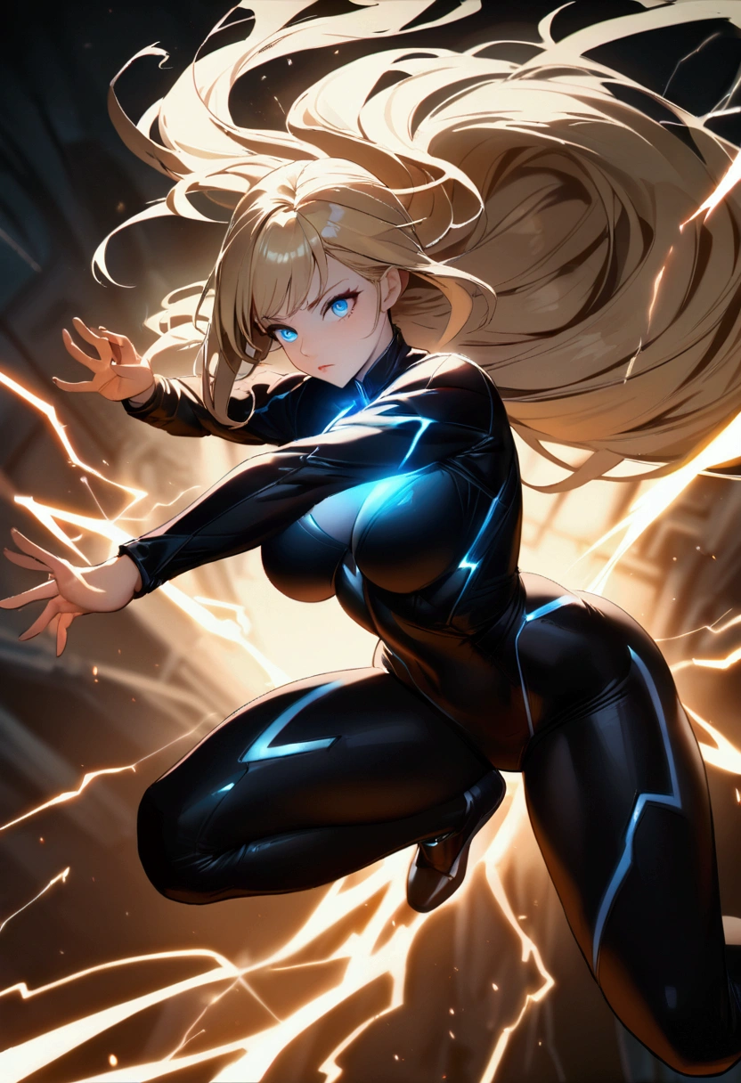 blonde, long flowing hair, cinematic, light blue eyes, glowing effect, electricity, 1 girl, beautiful girl, long tight dark black leggings, small open black jacket, jumping in air, epic, masterpiece, futuristic, flowing lightning energy around body, Lightning Glow effect, very detailed, action pose, from above view depth of field, muscle definition, normal sized legs.
