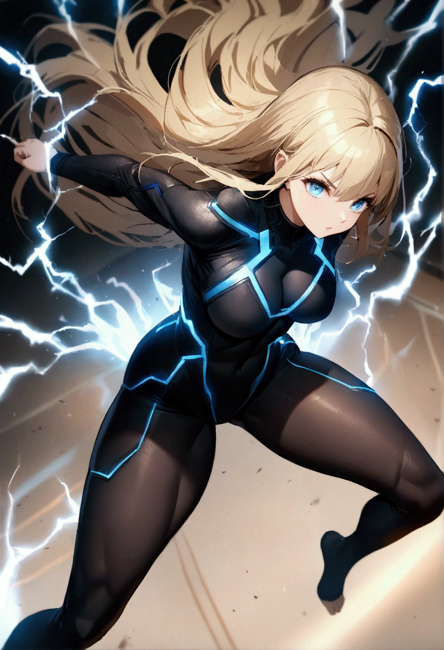 blonde, long flowing hair, cinematic, light blue eyes, glowing effect, electricity, 1 girl, beautiful girl, long tight dark black leggings, small open black jacket, jumping in air, epic, masterpiece, futuristic, flowing lightning energy around body, Lightning Glow effect, very detailed, action pose, from above view depth of field, muscle definition, normal sized legs.