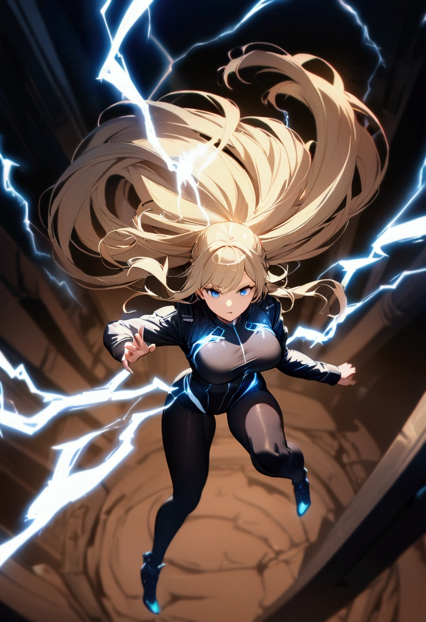blonde, long flowing hair, cinematic, light blue eyes, glowing effect, electricity, 1 girl, beautiful girl, long tight dark black leggings, small open black jacket, jumping in air, epic, masterpiece, futuristic, flowing lightning energy around body, Lightning Glow effect, very detailed, action pose, from above view depth of field, muscle definition, normal sized legs.