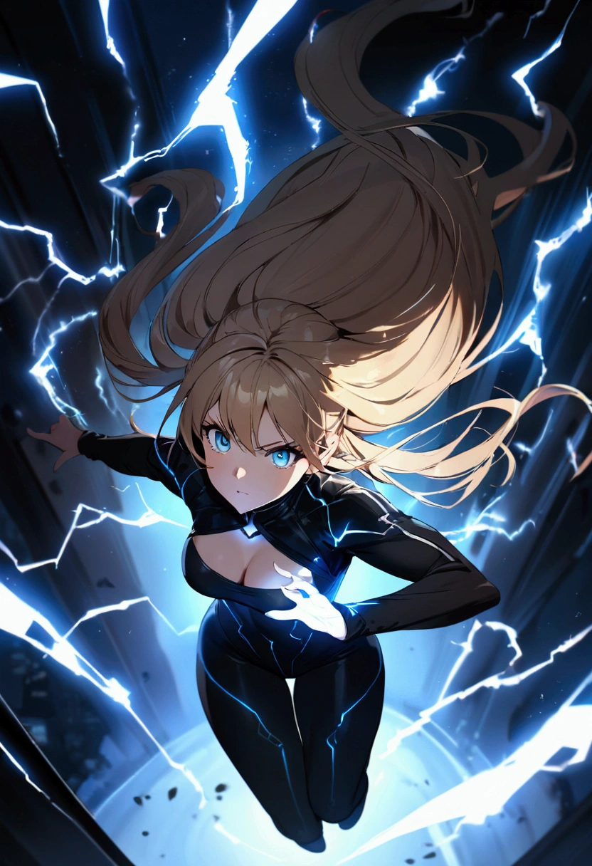 blonde, long flowing hair, cinematic, light blue eyes, glowing effect, electricity, 1 girl, beautiful girl, long tight dark black leggings, small open black jacket, jumping in air, epic, masterpiece, futuristic, flowing lightning energy around body, Lightning Glow effect, very detailed, action pose, from above view depth of field, muscle definition, normal sized legs.
