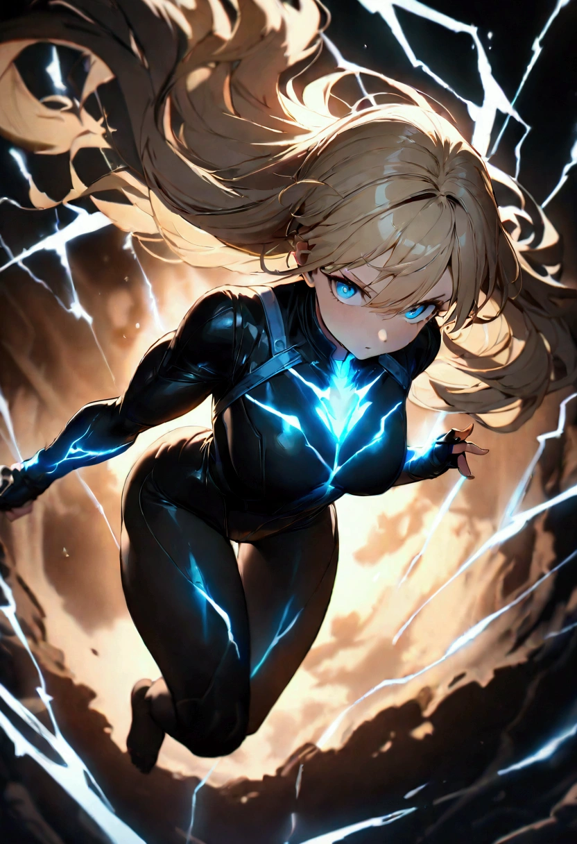 blonde, long flowing hair, cinematic, light blue eyes, glowing effect, electricity, 1 girl, beautiful girl, long tight dark black leggings, small open black jacket, jumping in air, epic, masterpiece, futuristic, flowing lightning energy around body, Lightning Glow effect, very detailed, action pose, from above view depth of field, muscle definition, normal sized legs.
