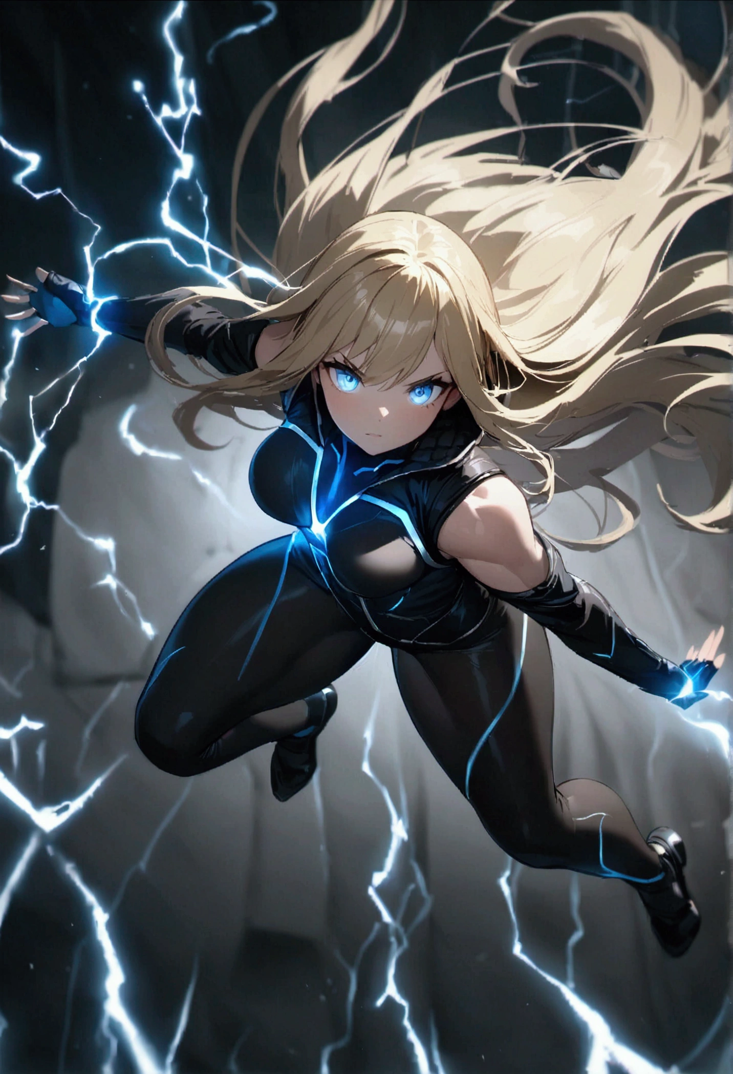 blonde, long flowing hair, cinematic, light blue eyes, glowing effect, electricity, 1 girl, beautiful girl, long tight dark black leggings, small open black jacket, jumping in air, epic, masterpiece, futuristic, flowing lightning energy around body, Lightning Glow effect, very detailed, action pose, from above view depth of field, muscle definition, normal sized legs.