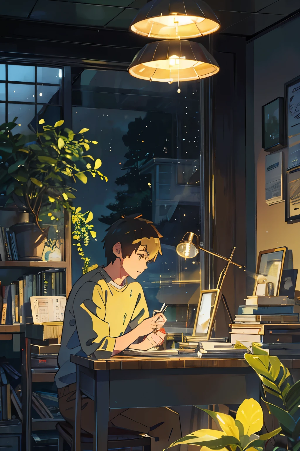 An scene of a young man studying in a cozy room at night. He is seated at his wooden desk, illuminated by the soft yellow glow of a vintage desk lamp. The young man wears a comfortable sweater and large headphones, through which one can imagine the soft sound of Lo-Fi music playing. Around him, open books and scattered notebooks suggest a dedicated study session. The window behind him reveals a peaceful night, with a full moon shining in the sky and light rain falling, with droplets collecting on the glass and reflecting the distant city lights. Design elements: deep blue and moss green tones, with touches of warm yellow light that give the room a cozy atmosphere. The space is decorated with art posters and potted plants, creating a relaxing and inspiring environment. The scene highlights a sense of focus and tranquility, with the music helping to set a softly focused mood. The image should capture the peace and comfort of studying at night, with details like the soft texture of the sweater and the subtle glow of lights reflected in the window, providing a sense of depth and three-dimensional realism.