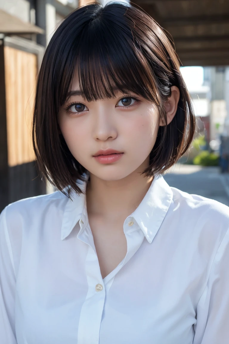 ((Highest quality、8k、masterpiece:1.3))、Beautiful woman、One Girl、(Cute baby turtle)、Slim Abs:1.1、White Button Down Blouse、((short hair))、Detailed facial features、Highly detailed lips、Detailed eyes、double eyelid、(Neat bangs.1.3)、Dark brown hair、Large Eyes、Seductive lips、The corners of the mouth turn up、black eye、street、cute asian face, Beautiful Japanese girl face, Short fine hair,With bangs,, Shirahime cut hairstyle、Narrow eyes、(A grown-up 30-year-old)、
