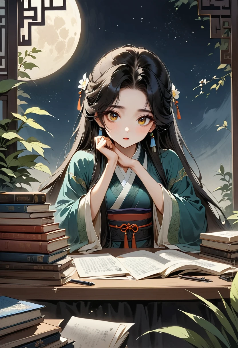 The beauty of the Chinese Song Dynasty，There is a table in front of her.，There is a cat under the table。There is a pile of books on the table，Pen, ink and paper，：1.2，advanced，Large windows any plants，There is a moon at night,charming eyes,big eyes,