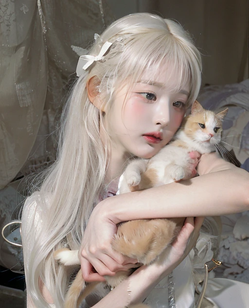 blonde holding a cat in her arms, longos white hair e franja, with white long hair, com longos white hair, of the white cat, offwhite ( catboy ) Kizi, very beautiful cute catgirl, attractive cat, white hime cut hairstyle, light hair, longos white hair, perfeita de white hair, white hair, white hair, ulzzang. Siamese cat. Siamese HIGH RESOLUTION