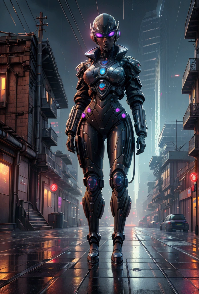 ((masterpiece)),((Highest quality)),((Attention to detail)),((Realistic,)) Future City, Architecture Street, Futuristic railway line, cyber punk, building, night, European cities, Rainy, neon