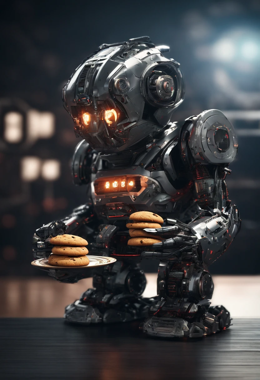 A robot holding a plump brown cookie in its hand; brown cookie in a robot&#39;s hand, an android holding a fat chocolate cookie in its hand; realisitic; 4K; ANDROID; professional photographer; best photographer in the world; android holding a brown cookie; Technological world; advanced technology; androide com cookies marrons na mão; cookies; cookies gordos marrons; cookies marrons; cookies gordos 