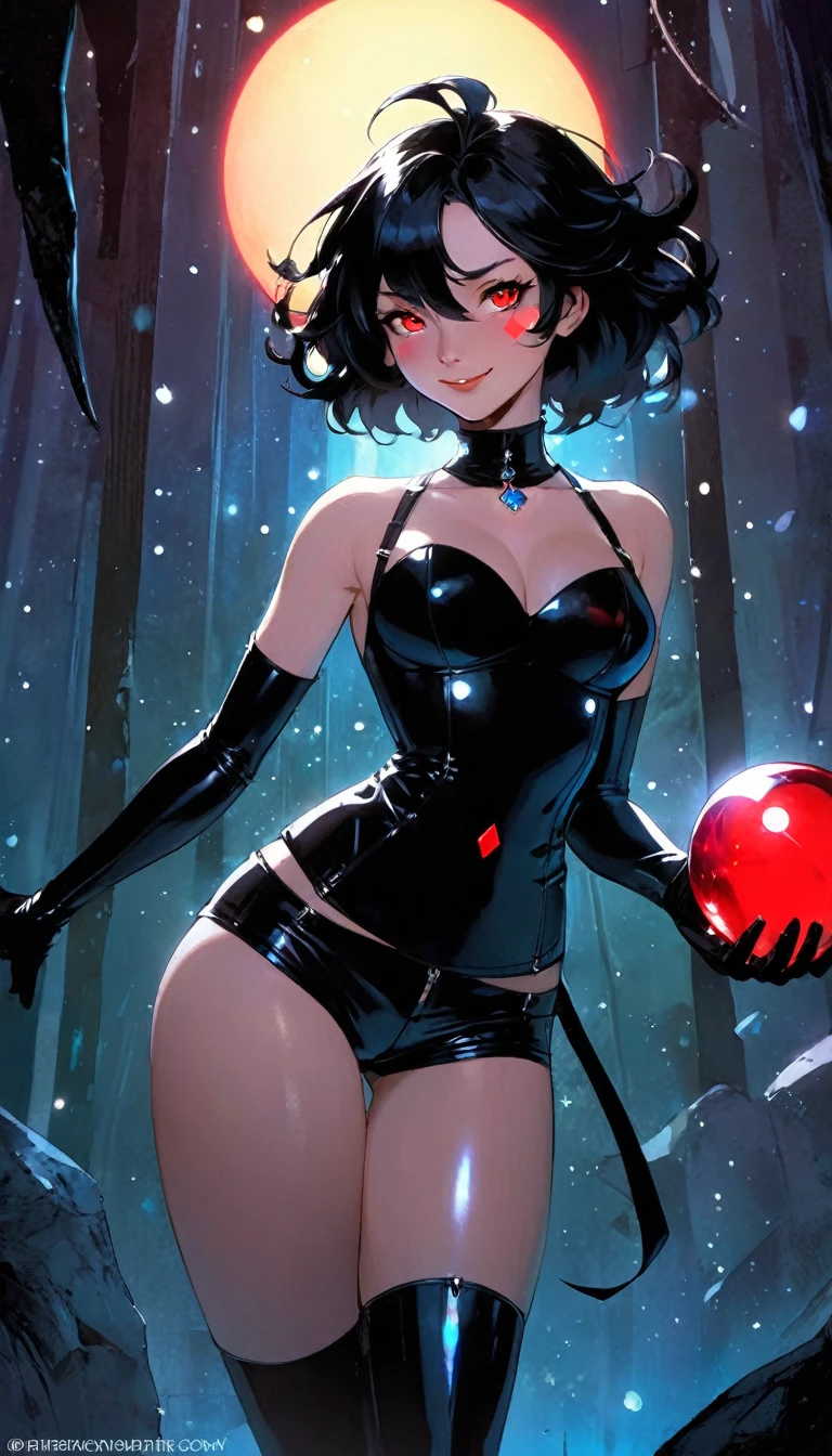 She appears wearing black gloves, holding a glowing ball with red eyes and a jewel shining on her chest. She is a solitary presence, and her smile pierces the hearts of those who see her. With bare shoulders exposed and black shorts wrapped around her thigh straps, her beauty seems to come from another dimension....,1girl, coloring,Dynamic angles, Correct body structure, Cinematic lighting, Light particles, Maximum facial details, Maximum detailed textures, Maximum detailed shadows, Maximum detailed backgrounds, ,full body, ,,,shadows, crystals, terrain, EL_type1,sinozick style, flat color, dark theme,ral-firworx, emotional impact, Bill Sienkiewicz inspired art
