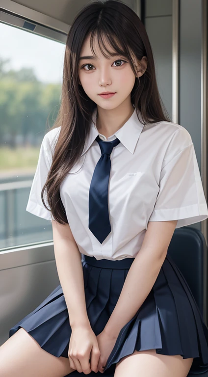 (Tabletop, Highest quality:1.2), 8k, 18-year-old, 85mm, Official Art, RAW Photos, Absurd, White dress shirt, Pretty face, close, Upper Body, Violet, Gardenias, beautiful girl, , (Navy Pleated Skirt:1.1), Cinch waist, Thighs Thighs Thighs Thighs, Short sleeve, in the train, sit on bench seat, View your viewers, No makeup, (smile:0.4), Film Grain, chromatic aberration, Sharp focus, Face Light, Bright lighting, Teen, Detailed face, Bokeh Background, (Dark red tie:1.1)、huge