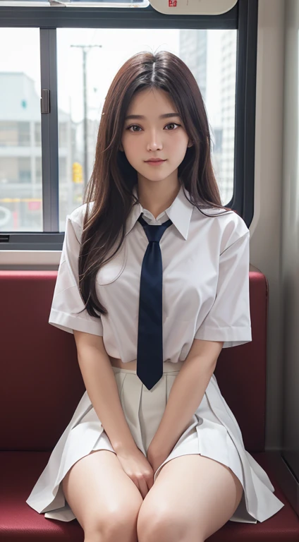 (Tabletop, Highest quality:1.2), 8k, 18-year-old, 85mm, Official Art, RAW Photos, Absurd, White dress shirt, Pretty face, close, Upper Body, Violet, Gardenias, beautiful girl, , (Navy Pleated Skirt:1.1), Cinch waist, Thighs Thighs Thighs Thighs, Short sleeve, in the train, sit on bench seat, View your viewers, No makeup, (smile:0.4), Film Grain, chromatic aberration, Sharp focus, Face Light, Bright lighting, Teen, Detailed face, Bokeh Background, (Dark red tie:1.1)、huge
