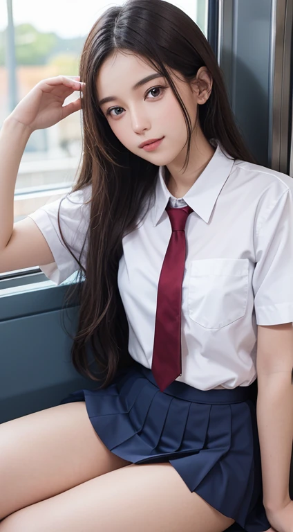 (Tabletop, Highest quality:1.2), 8k, 18-year-old, 85mm, Official Art, RAW Photos, Absurd, White dress shirt, Pretty face, close, Upper Body, Violet, Gardenias, beautiful girl, , (Navy Pleated Skirt:1.1), Cinch waist, Thighs Thighs Thighs Thighs, Short sleeve, in the train, sit on bench seat, View your viewers, No makeup, (smile:0.4), Film Grain, chromatic aberration, Sharp focus, Face Light, Bright lighting, , Detailed face, Bokeh Background, (Dark red tie:1.1)、huge