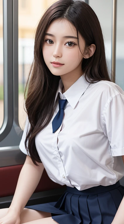 (Tabletop, Highest quality:1.2), 8k, 18-year-old, 85mm, Official Art, RAW Photos, Absurd, White dress shirt, Pretty face, close, Upper Body, Violet, Gardenias, beautiful girl, , (Navy Pleated Skirt:1.1), Cinch waist, Thighs Thighs Thighs Thighs, Short sleeve, in the train, sit on bench seat, View your viewers, No makeup, (smile:0.4), Film Grain, chromatic aberration, Sharp focus, Face Light, Bright lighting, , Detailed face, Bokeh Background, (Dark red tie:1.1)、huge