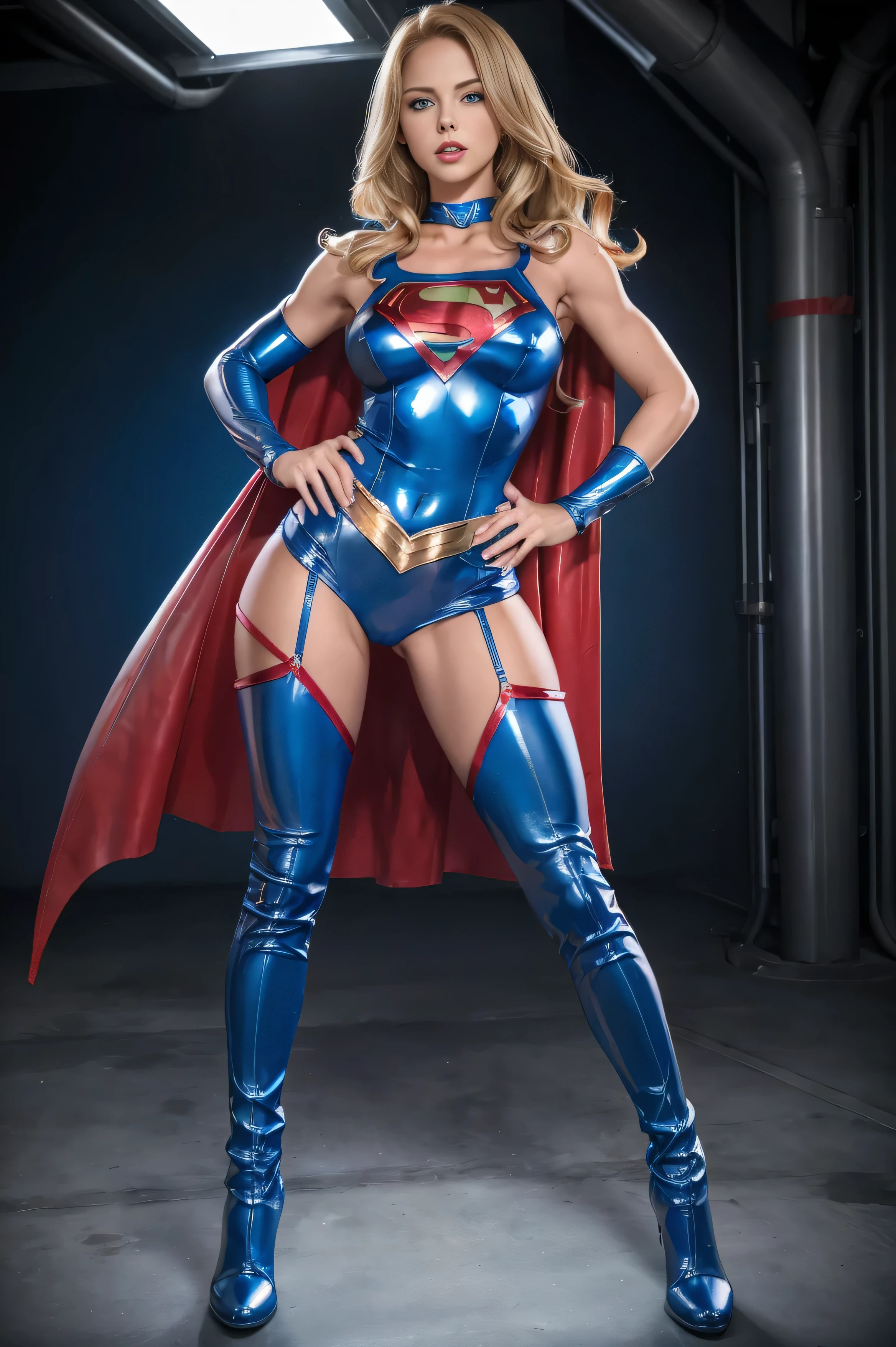 full body superheroine 14 years old Supergirl blonde long wavy hair blue eyes red mouth tall muscular body big round breasts broad shoulders blue metallic shiny tight leather pants, blue metallic shiny short plunging sleeveless tops blue boots dress 