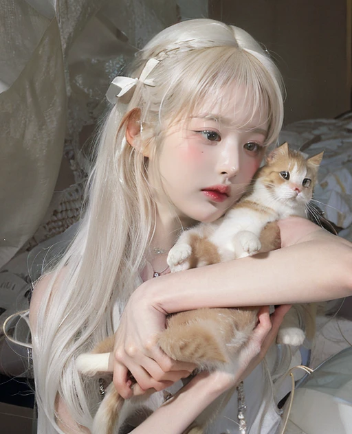  blonde holding a cat in her arms, longos white  hair e franja, with white long hair, com longos white  hair,  of the white cat, offwhite ( catboy ) Kizi, very beautiful cute catgirl,  attractive cat, white hime cut hairstyle, light hair, longos white  hair,  perfeita de white  hair, white  hair, white  hair, ulzzang. Siamese cat. Siamese HIGH RESOLUTION 