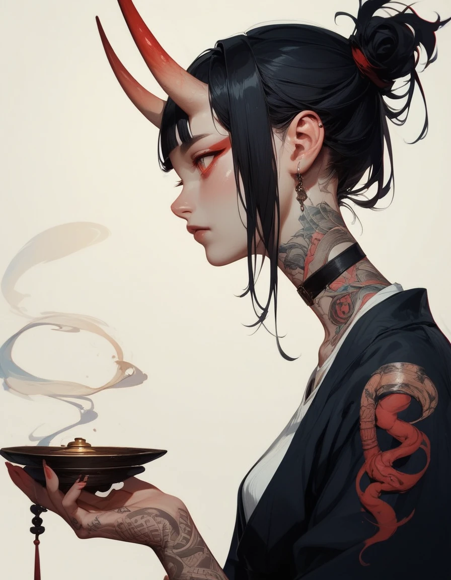 (score_9, score_8_up, score_7_up), zPDXL, 1 girl, alone, profile, pensive look, simple background, dark room, sitting on chair, snake eyes, upper body, tied hair, black hair, simple clothes, horns, white shirt, holding incense in hand, tattoos, incense releasing smoke, black choker, background of a room, red oni horns, face resting on hand, black kimono, blunt bangs, dark aura, tattoos all over body, side view
