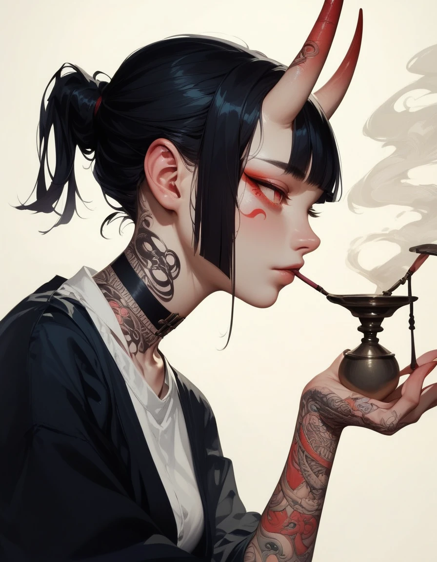 (score_9, score_8_up, score_7_up), zPDXL, 1 girl, alone, profile, pensive look, simple background, dark room, sitting on chair, snake eyes, upper body, tied hair, black hair, simple clothes, horns, white shirt, holding incense in hand, tattoos, incense releasing smoke, black choker, background of a room, red oni horns, face resting on hand, black kimono, blunt bangs, dark aura, tattoos all over body, side view