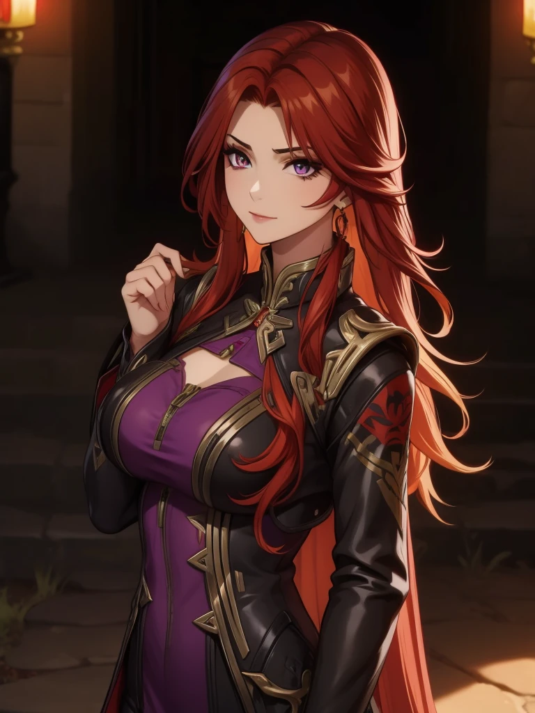 Long red hair, yellow eyes, evil, sexy, black and red clothes, tied hair, cute hairstyle, evil face, evil, serious look, gloss lips, sit, sinister, front look, bloody, gloves, beautiful eyes, big white, dark place, night, straight hair cut, clear skin, evil, young 30 years girl, adult girl, solo, red, very long hair, ANKLE LENGTH HAIR, FIERCE EXPRESSION, villain, handsome older WOMAN,crimson-eyes,crimson pupils,Long CRIMSONhair,Hyperresolution,accuracy,Detailed rendering,(Subtle facial image)(Image of fine hair)(topquality)(Masterpieces of masters)(High degree of completeness)(A sense of atmosphere)tmasterpiece,Super detailed and super detailed(portrait))(((Mature woman))) (((Villain))) (((Older female)))(((half body view)))(((Hair tied back into a long ponytail)))(((lATEX STREET FIGHTER OUTFIT)))(((bANGS)))