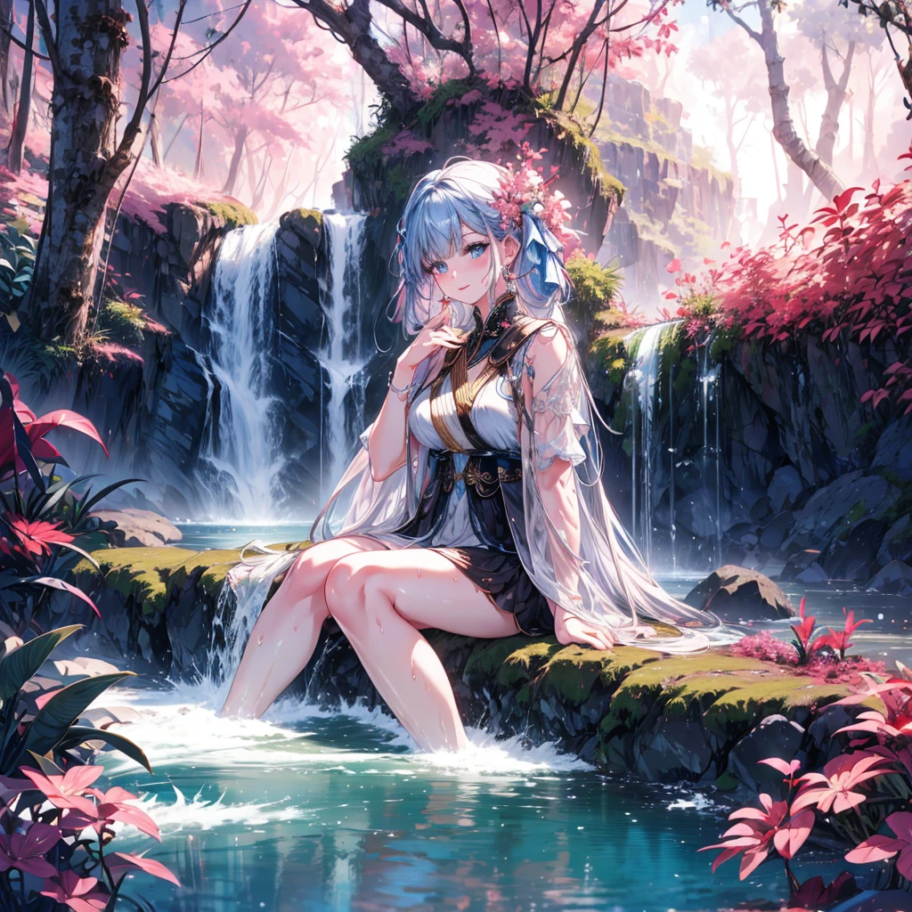 Very beautiful girl happily bathing near a clear and cool waterfall。Pink Skin、blue eyes、Black Hair、Detailed face、Detailed body、realistic model、highly detailed natural landscape、CGI 8K resolution  